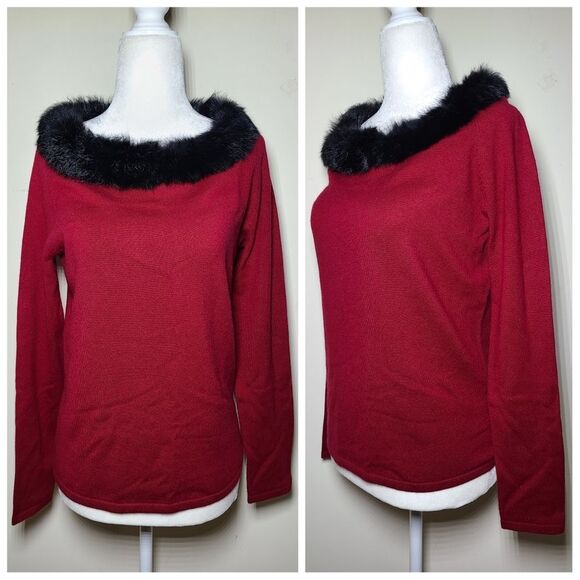 Folio|Genuine Rabbit Fur Collar Silk Cashmere Red Sweater, SMALL - Picture 1 of 4